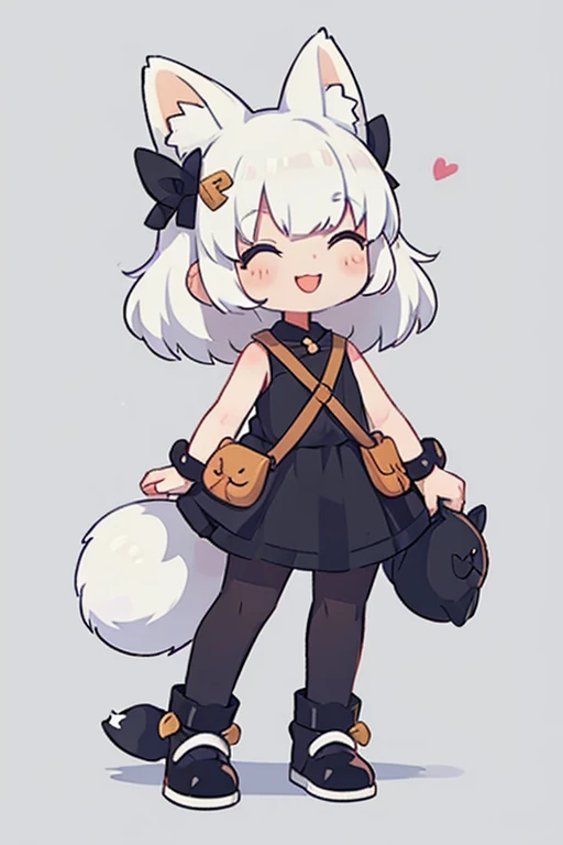 A girl with striking white hair、Fox ears and tail、hair ornaments、black pantyhose、sleeveless、smile、Cute shoes with accessories、hold one's knees