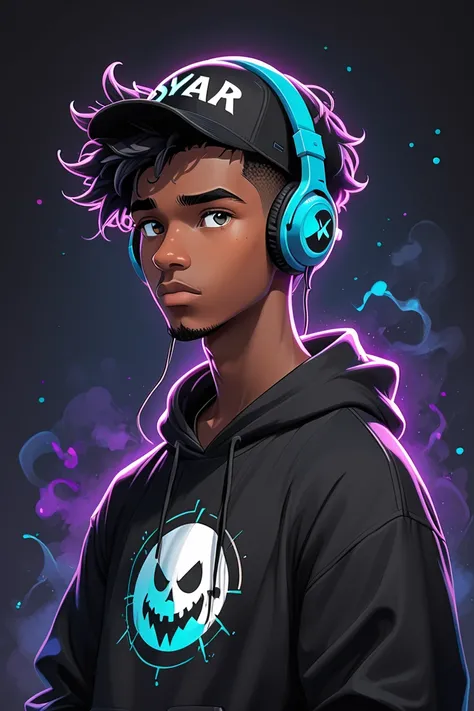 
Help me create an animated Pixar-style profile picture of a dark-colored gamer boy named Swaggy, with gamer headphones,  black cap,  black sweatshirt ,  short hair