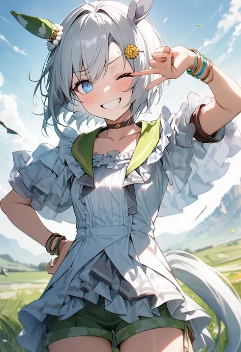 score_9, score_8_up, score_7_up, BREAK, best quality, masterpiece, very aesthetic, ultra detailed,very detailed background,BREAK,,zPDXL3,SS_Race, 1girl, solo, short hair, white hair,blue eyes, hair ornament, horse ears, horse tail,green shorts, choker, hai...