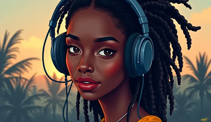 a vector of an attractive african woman with dreadlocker hair and amazing headphones. Chill background vibes. Hiperdetailed image.
