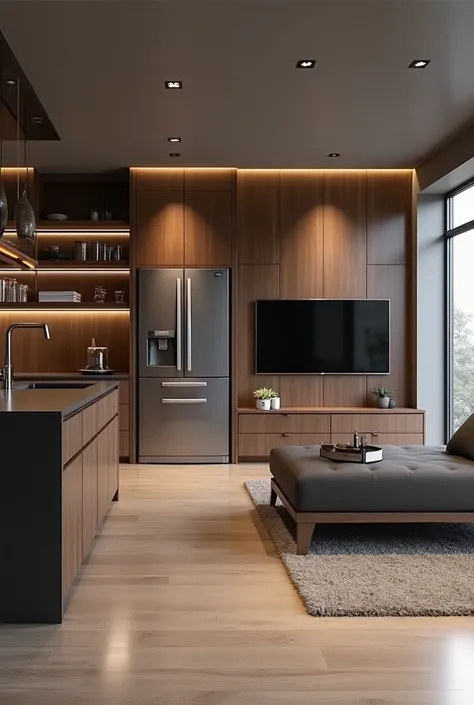 I want to create a rendering of a living room with integrated kitchen,  a walnut wood front where the fridge and appliances will be, Also the integrated TV and a terracotta island. The walnut wood front will be perpendicular to the island.