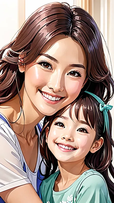 Turn the image into an anime cartoon. Raising two women smiling mother daughter 