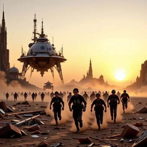 A group of young people running to a platform with a spaceship, Escaping from a horde of zombies, The stage is a desert at dawn, post apocalyptic 