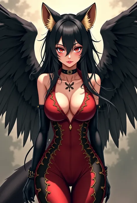 human anime woman. long black hair with beige ends. with bite tattoos on her neck and arms and chest. wearing a red and black suit with gold accents. with raccoon ears and tail and black hawk wings