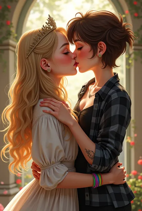 Two teenage girls kissing one is an plump blonde long curls ,Helle/Pastel Dresses,light freckles,brown eyes and the other girl modern brown pixie haircut red color in hair, brown eyes,rose vine tattoo on arm ,black top ,black grey checked shirt with t-shir...