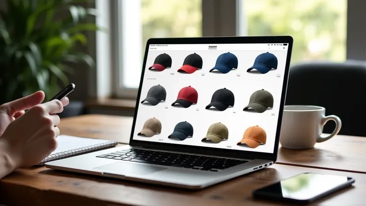 A laptop on a wooden desk displaying an online store with a variety of trucker hats. The screen showcases multiple hat options, including different colors and styles. A cup of coffee, a notepad, and a smartphone sit nearby, suggesting an engaged shopper ex...