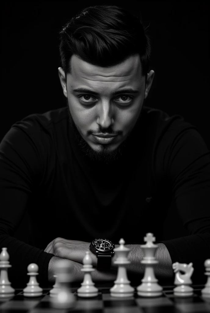  Black and white portrait, intense gaze, bearded man, chess player, dark clothing, wristwatch, chess pieces in foreground, dramatic lighting, high contrast, moody atmosphere, thoughtful expression, strategic pose, professional photography, studio setting, ...