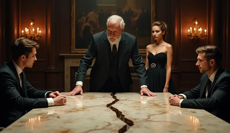 A dramatic cinematic family confrontation scene. A stern older man with a gray beard stands at the head of a lavish marble table, his hands pressed firmly on the surface, which has a visible crack symbolizing division. On one side, two young men in elegant...