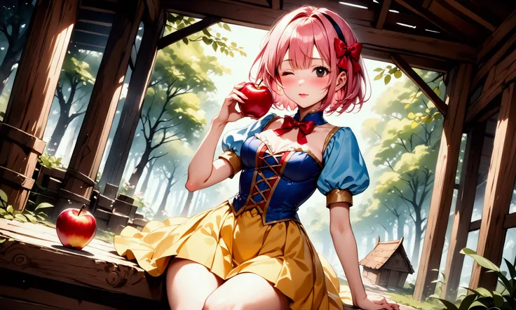 (((Picture book illustrations))), Fantasy World, (Medieval European), (Characters are on the edge), ((spring)), ((snow white cosplay, snow white (disney) (cosplay), cosplay, dress, hair bow, puff and slash sleeves, puffy short sleeves, puffy sleeves, red b...