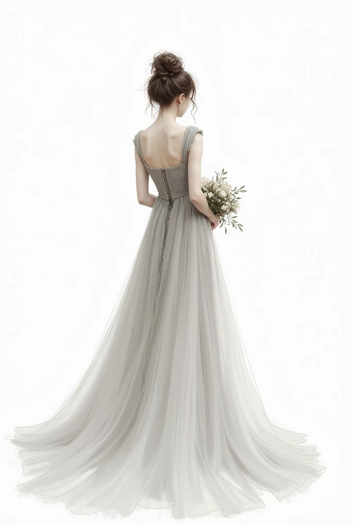 A sketch of bride in grey color gown with having messy bun in her hairs and flowers in her hands standing with the backside pose.