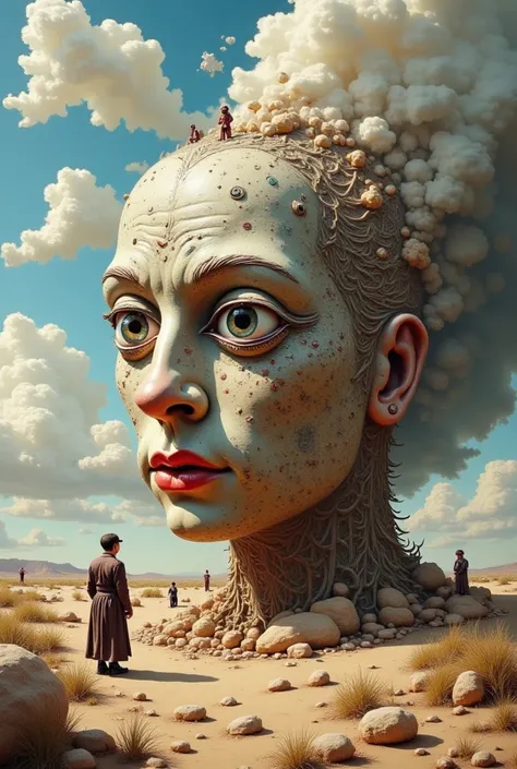 Head of a giant doll in a desert : " A surreal and disturbing image of the doll's head half buried in the middle of an infinite desert.  Their glazed eyes stare into the horizon and faint tears slide down their dusty cheeks .  A sense of sorrow appears on ...