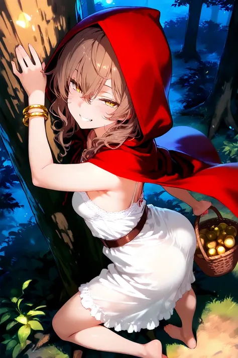 in the middle of the forest, night, \(1girl, solo, petite body, small breasts, long brown hair, wavy hair, hair between the eyes, messy hair, white nightgown, red hooded cape, sharp eyes, bangles, belt, yellow eyes, barefoot\), \ ((dynamic pose: 1.3)), bas...