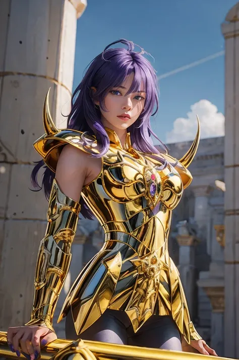  perfect eye:1.2,  Fine grain :1.4, gold armor, armor, ( purple hair:1.6),  helmet, chest, shoulder armor,   medium hair ,  blue eyes, Scorpio Armor , 黄金のarmor, shoulder_armor decoration,   FOREHEAD PROTECTOR  , forehead armor,   forehead jewel ,  Greek Ru...