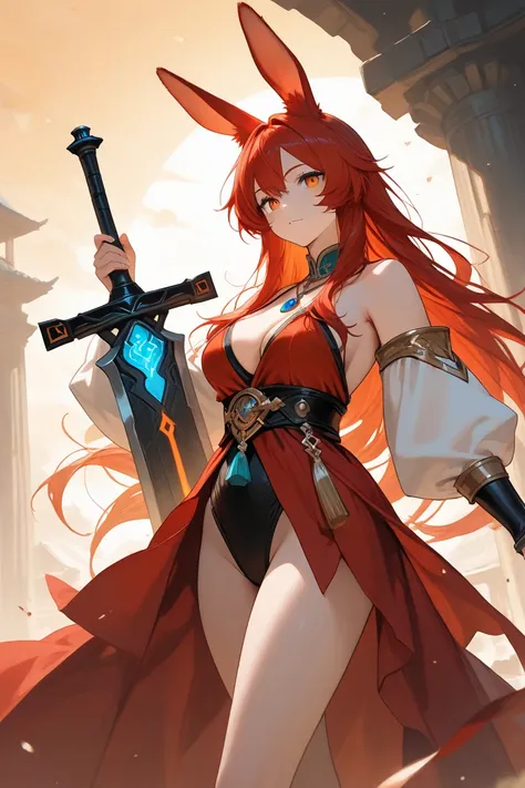  rabbit girl, red long hair,orange eyes,Blue necklace,great sword,