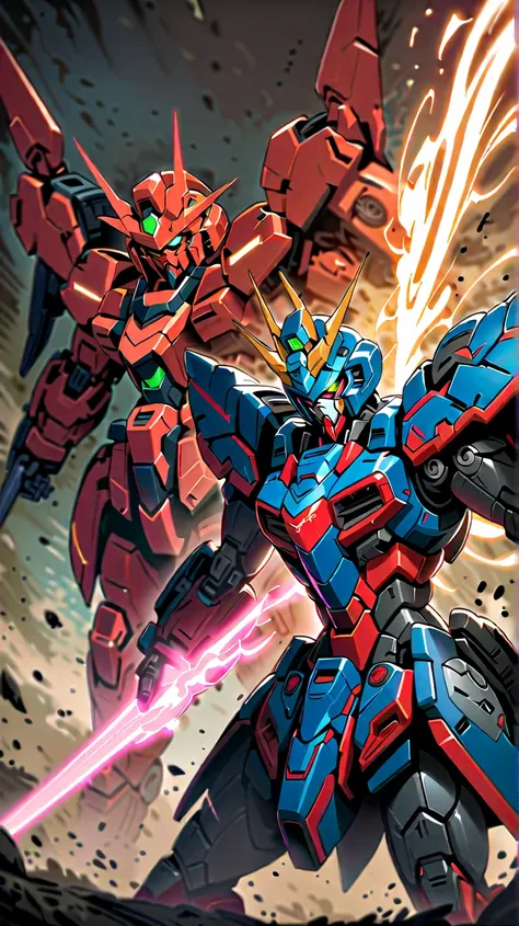  high resolution,  top quality,  backlight,  Proximity Method, ( with a pink aura ,SAZABI(Gundam Astray,A humanoid robot with mainly red coloring that mixes blue frame , Gundam Barbatos)) and Gundam Freedom((Red is the main color scheme))The main coloring ...