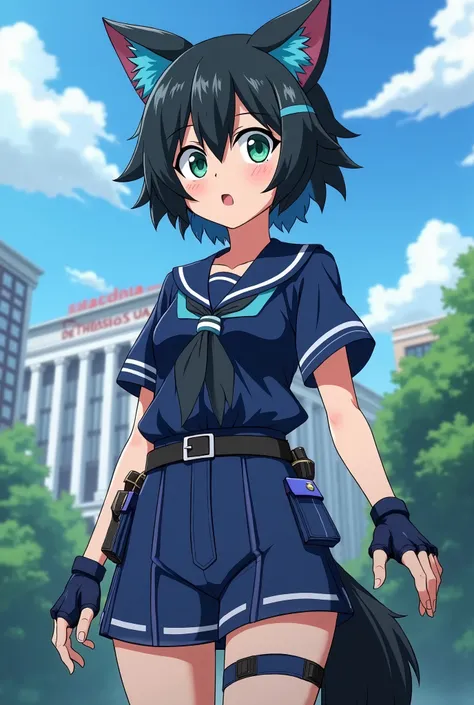 adult female.  full body in the frame. going.  Short and crocheted hair ,  black wolf ears with blue fur, Split Hair, therefore, Blue stripe.  Bright green eyes with small eyelashes . My Hero Academia anime style . Closed top blue , short saia curto theref...