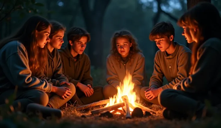 "A group of young people around a campfire at night, listening intently to someone telling a story. The firelight illuminates their faces, and shadows create an atmosphere of mystery."