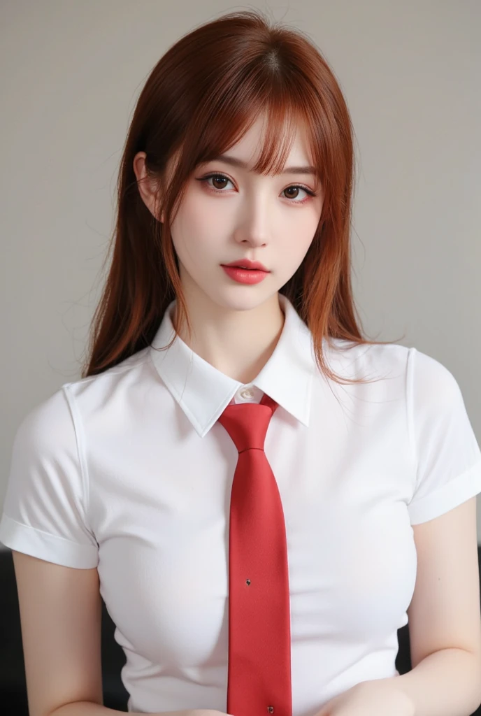 elegant japanese with long red hair, bangs, beauty mark above the lip, beauty mark under the eye, white t-shirt with a red tie