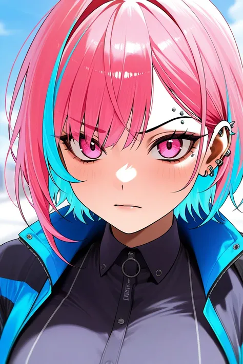 A 19-year-old female woman with hot pink hair and electric blue highlights short pink eyes wears cute and serious eyebrow piercings 