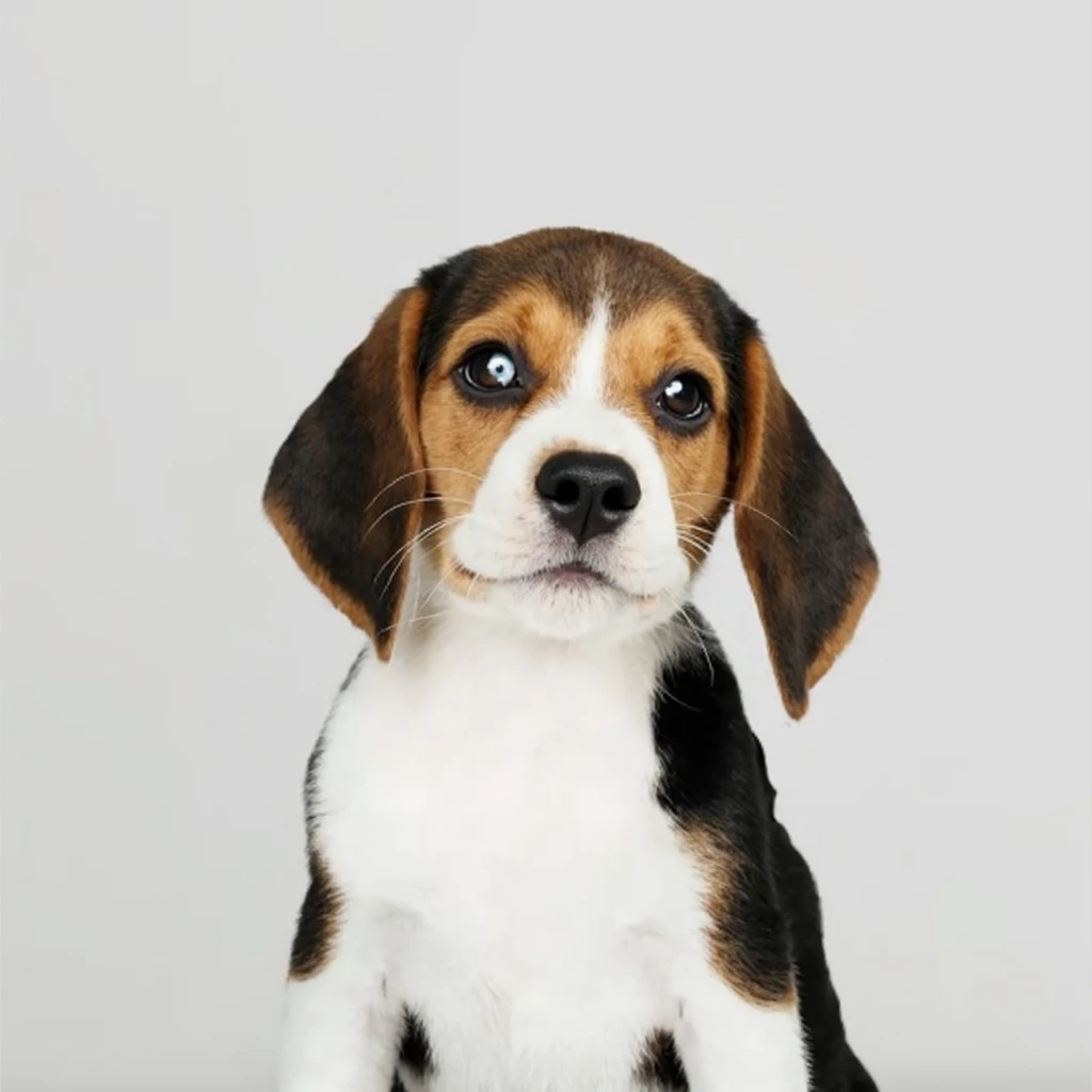 A high-resolution, ultra-realistic digital portrait of a Beagle puppy in a wizarding school setting, dressed in the iconic Gryffindor theme. The puppy has a tricolor coat (black, white, and warm brown) with symmetrical facial markings. Its large, floppy ea...