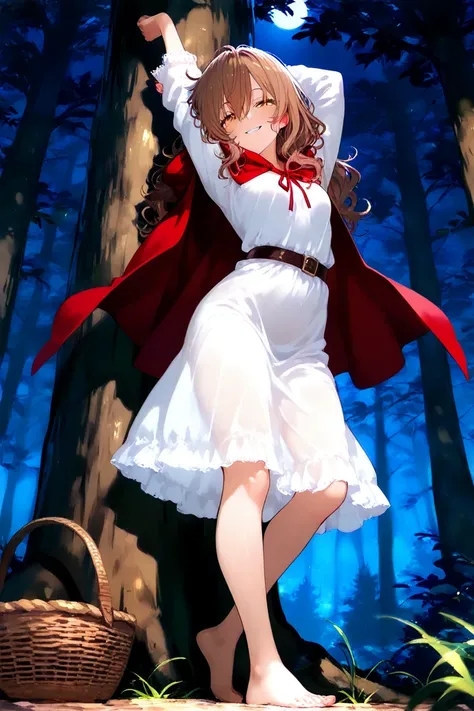 in the middle of the forest, night, \(1girl, solo, petite body, small breasts, long brown hair, wavy hair, hair between the eyes, messy hair, white nightgown, red hooded cape, sharp eyes, bangles, belt, yellow eyes, barefoot\), \ ((dynamic pose: 1.3)), bas...