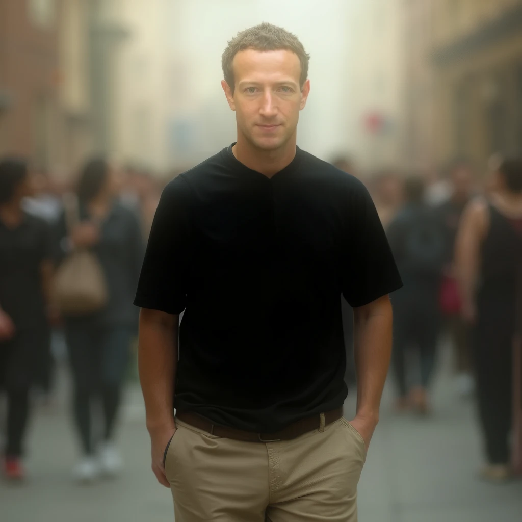 Mark Zuckerberg
Using: black shirt, beige pants , Black tapeworm, 
Environment:  busy street , 
 walking on the sidewalk
lighting: 3200k soft light