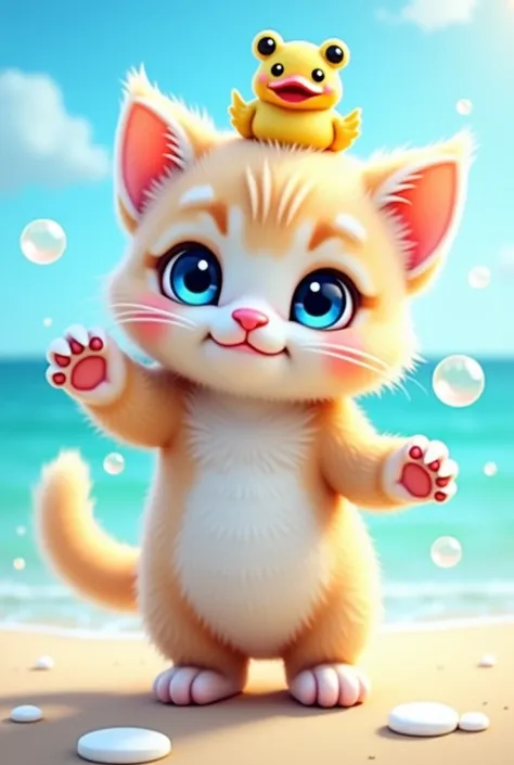 kitten ,                           BRIGHT                ,     cute blue eyes                           ,        (        bubbles full of body                )         ,      frog on head   ,            ,       seaside background , duck accessories        ...