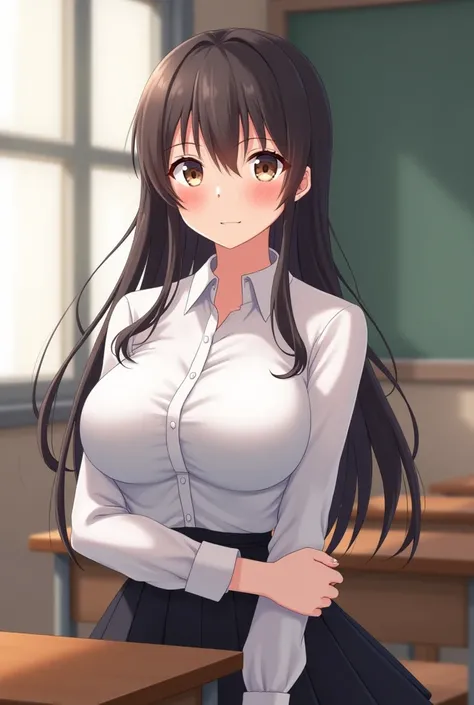 Cute schoolgirl with big breasts confused,  with a blush ,  in school uniform, the white translucent shirt fits snugly around the voluminous chest and the black skirt, is sweetly embarrassed and slightly smiling, loves sweets and loves anime, the bra shine...