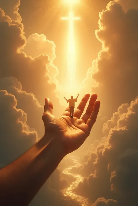   A majestic and serene scene of God's hand extending from the heavens ,  shining with a golden and welcoming light . A person, tired and broken , is gently lifted by that divine hand ,  surrounded by an atmosphere of peace and love . In the background,  a...