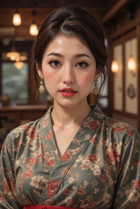 best quality, masterpiece, super high resolution, beautiful Japanese girl, Kind Face, green eyes, kind smile, Curvy Body, big boobs, updo brown hair, Japanese female Cloth Outfit, Japanese kimono, In Old Japanese-style Room, night:1.2,