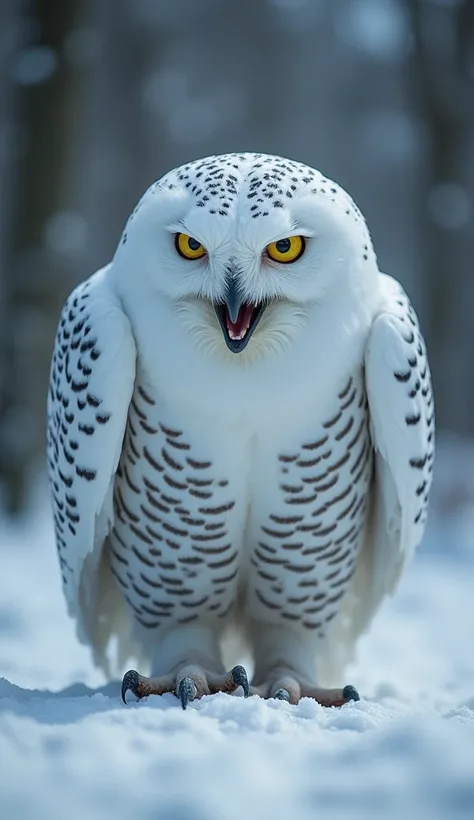 white owl, mythical creature, monstrous creature, extremely dangerous, attacking animals, detailed anatomy, ultra-realistic, cinematic lighting, dramatic shadows, intense colors, dark and gritty, cinematic composition, 8k, high quality, masterpiece, snow b...