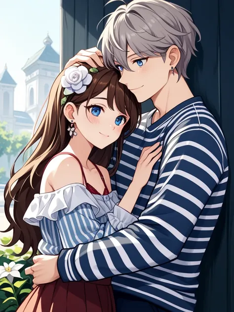 1girl, 1boy, blue eyes, smile, hair ornament, flower, hug, long hair, hair flower, blush, jewelry, earrings, looking at viewer, ahoge, closed mouth, off shoulder, long sleeves, bangs, striped, grey hair, bare shoulders, hand on another's head, shirt, strip...