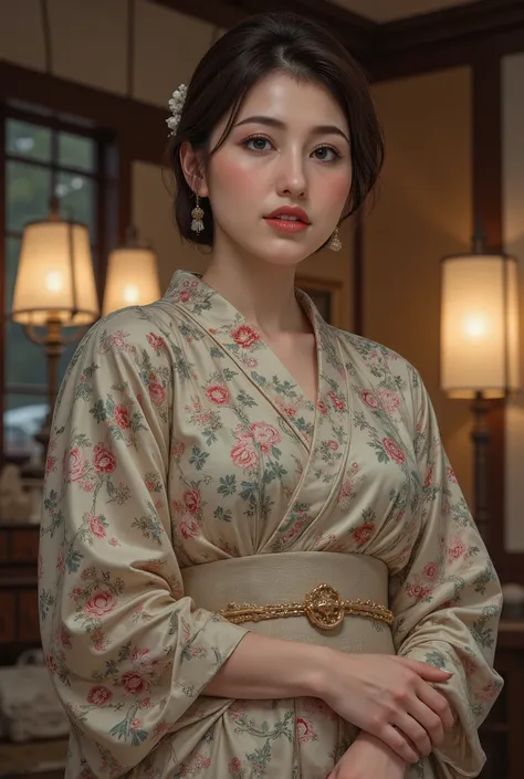 best quality, masterpiece, super high resolution, beautiful Japanese girl, Kind Face, green eyes, kind smile, Curvy Body, big boobs, updo brown hair, Japanese female Cloth Outfit, Japanese kimono, In Old Japanese-style Room, night:1.2,