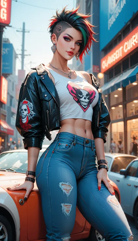 In the style of 90's vintage anime, surrealism, akira style. fine details. A smart looking punk doge girl in jeans. neon