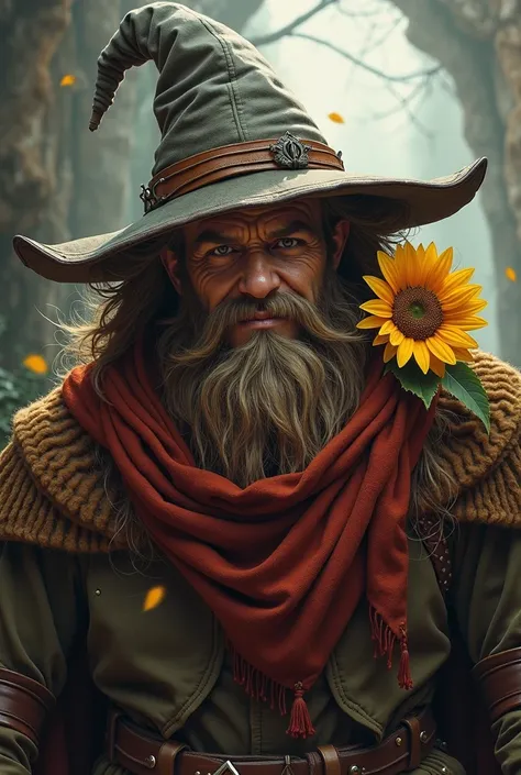  Could you create an AI image of the world of Dungeons and Dragons dwarf with a wizard's hat, A scarf that only your eyes can be seen adding a sunflower to your clothes please let your scarf cover your mouth 