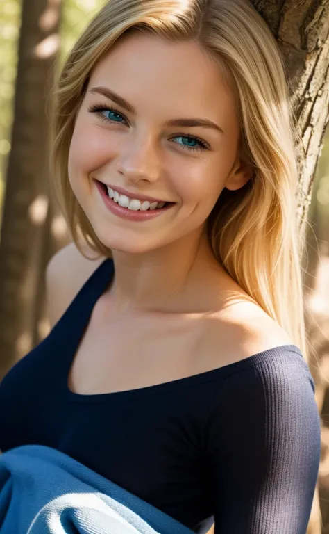 Smiling cheerful suntanned Gwen Stacy from Marvel comics with very long down loose blonde hair down to her hips and blue eyes in the forest Full Body 