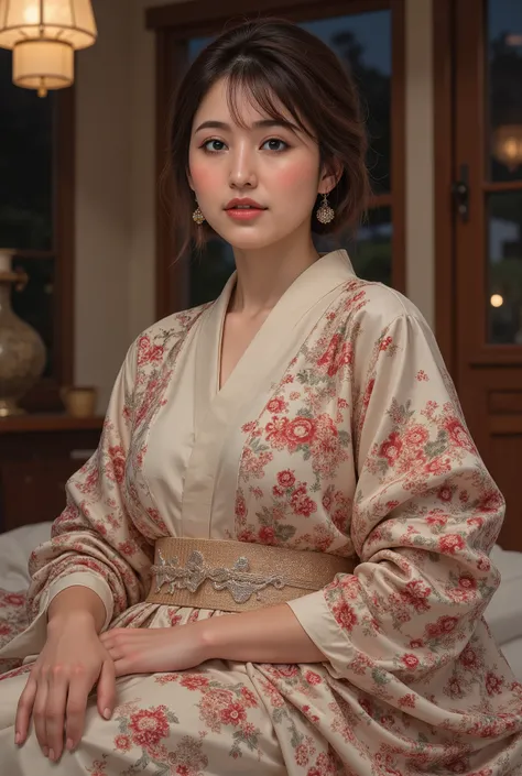 best quality, masterpiece, super high resolution, beautiful Japanese girl, Kind Face, green eyes, kind smile, Curvy Body, big boobs, updo brown hair, Japanese female Cloth Outfit, Japanese kimono, In Old Japanese-style Room, night:1.2,