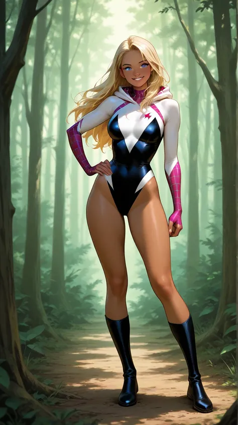 Smiling cheerful suntanned Gwen Stacy from Marvel comics with very long down loose blonde hair down to her hips and blue eyes in the forest full body 