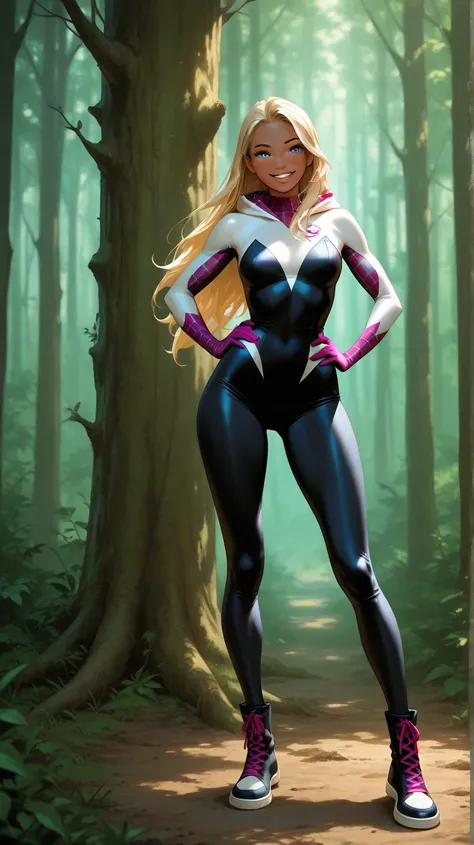 Smiling cheerful suntanned Gwen Stacy from Marvel comics with very long down loose blonde hair down to her hips and blue eyes in the forest full body 