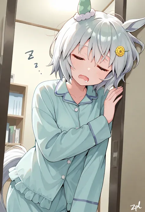 score_9, score_8_up, score_7_up, BREAK, best quality, masterpiece, very aesthetic, ultra detailed,very detailed background,BREAK,,zPDXL3,Seiun_Sky, 1girl, solo, horse ears, horse tail,bangs, short hair, blue eyes, white hair, hair ornament, pajamas,sleepin...