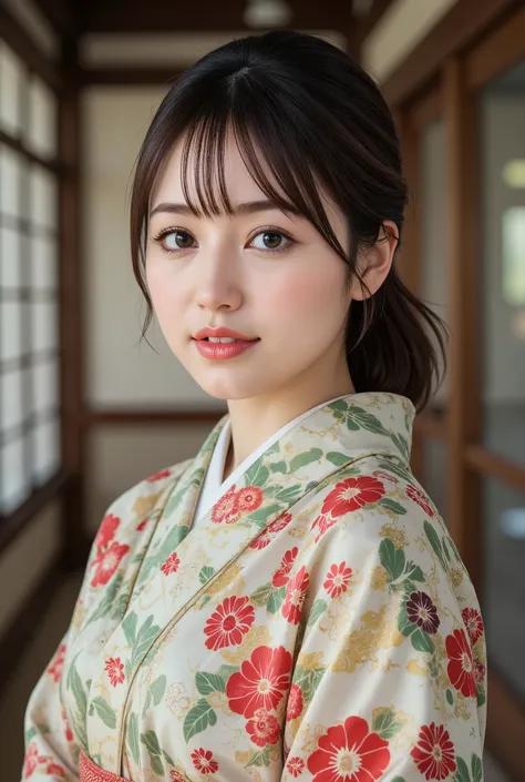 best quality, masterpiece, super high resolution, beautiful Japanese girl, Kind Face, green eyes, kind smile, Curvy Body, big boobs, updo brown hair, Japanese female Cloth Outfit, Japanese kimono, In Old Japanese-style Room, night:1.2,