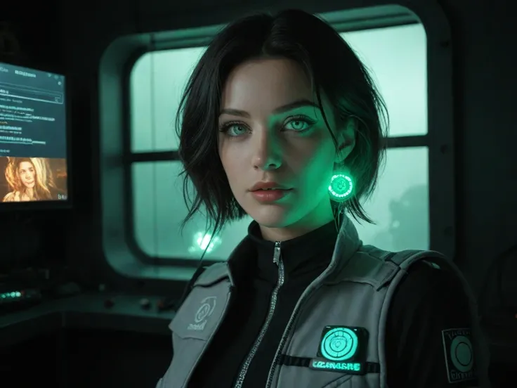 "Create a detailed and cinematic portrait of Elara Voss, the protagonist of a sci-fi cosmic horror story. She is a 29-year-old bioengineer with short, slightly messy dark hair and striking green eyes that convey both fear and determination. Her face shows ...