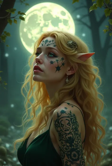 Circé la magicienne blonde aux yeux verts le visage tatoué regardant la lune 