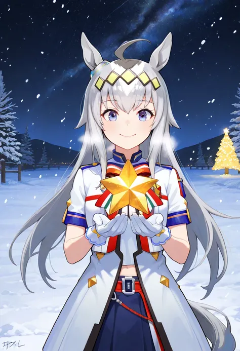 score_9, score_8_up, score_7_up, BREAK, best quality, masterpiece, very aesthetic, ultra detailed,very detailed background,BREAK,,zPDXL3,oguri,oguri_xmas, long hair, horse ears, grey hair, ahoge, horse tail, blue eyes,,multicolored hair,white clothes,skirt...