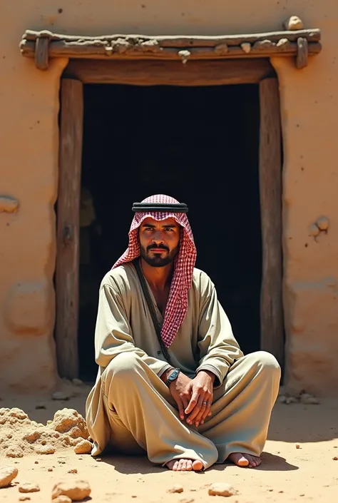 An Arab man is sitting in front of his house