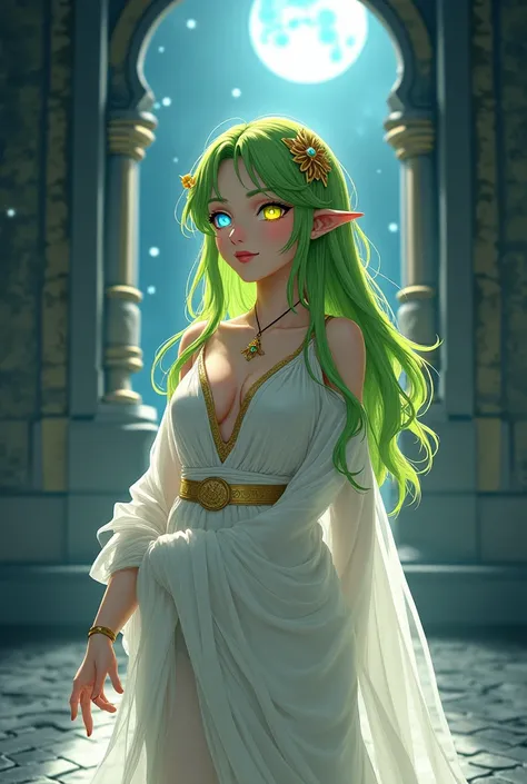 A goddess woman in cozy white sheer attire with golden accessories and a soft green veil over her lower face. stands in an ancient temple at night, bathed in soft moonlight. The scene is serene and mystical, with the goddess woman radiating calm as she rel...