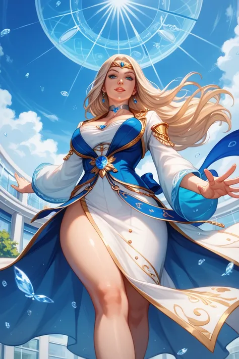 Jenazi wind girl DnD. Azure long hair blown by the wind. A long low-cut white robe with gold trim and green patterns. Low angle.ESmall electric magic near hands. The echidna look of a confident and selfish bitch. Sapphire detailed eyes. B size breast. Big ...