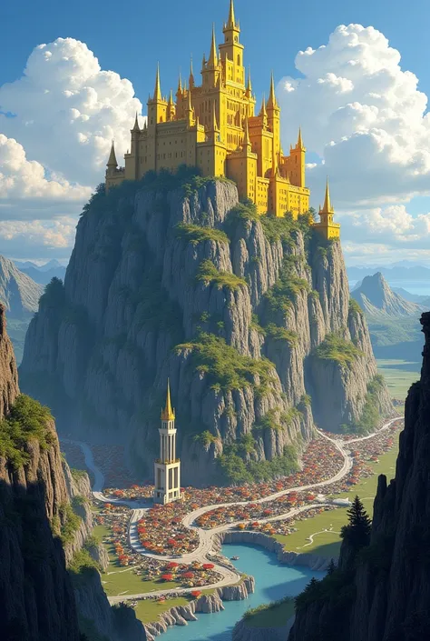 Create a city on a mountain, At the top a yellow castle, Around the middle of the mountain is a city with knights and merchants, At the base of the mountain are the poor and the poor merchants 