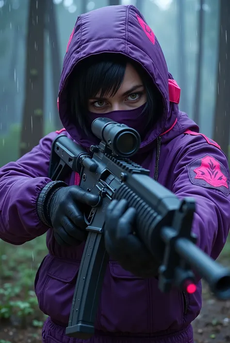 Cyberpunk 2077 fashion, black short hair, brown eyes, male, purple neon military suit. Animation style. Half gaz mask on. Background: rainy forest. He's holding a high tech ak47 gun. A more simple animated image, without realistic detailing. More Russian f...