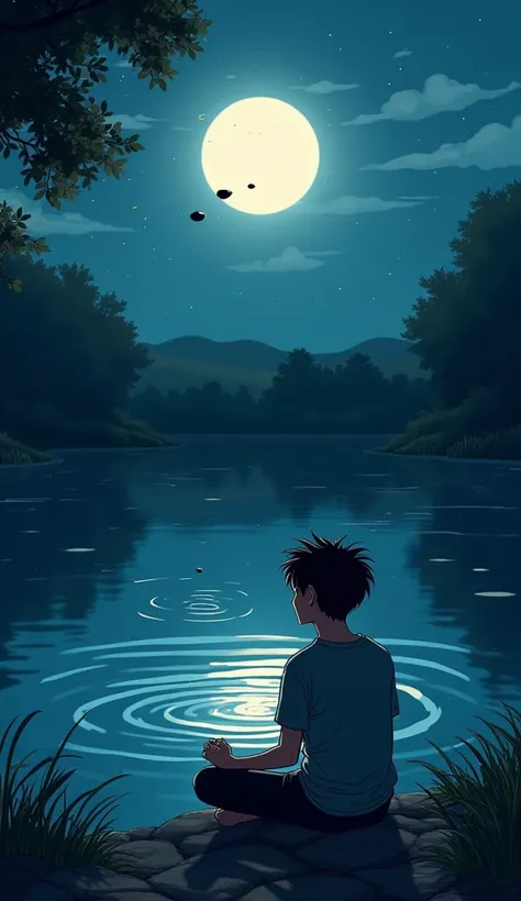 Create HD Cartoon Image Scene 17 At night, he sits near the same pond, throwing pebbles into the water, his past dreams rippling away just like the waves in front of him."
